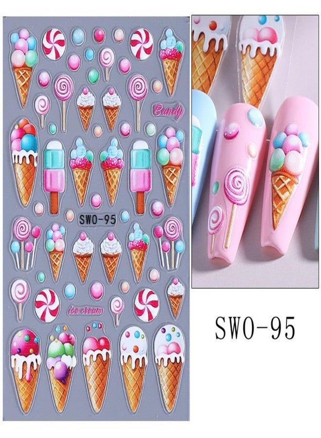 Sevgob Summer Nail Art Stickers 5D Embossed Ice Cream Cone Nail Stickers 3D Self-Adhesive Lollipop Nail Decals Gold Butterfly Nail Designs Fruit Flower Nail Art Decoration for Women Girls Manicure 3 Sheets - Image 2